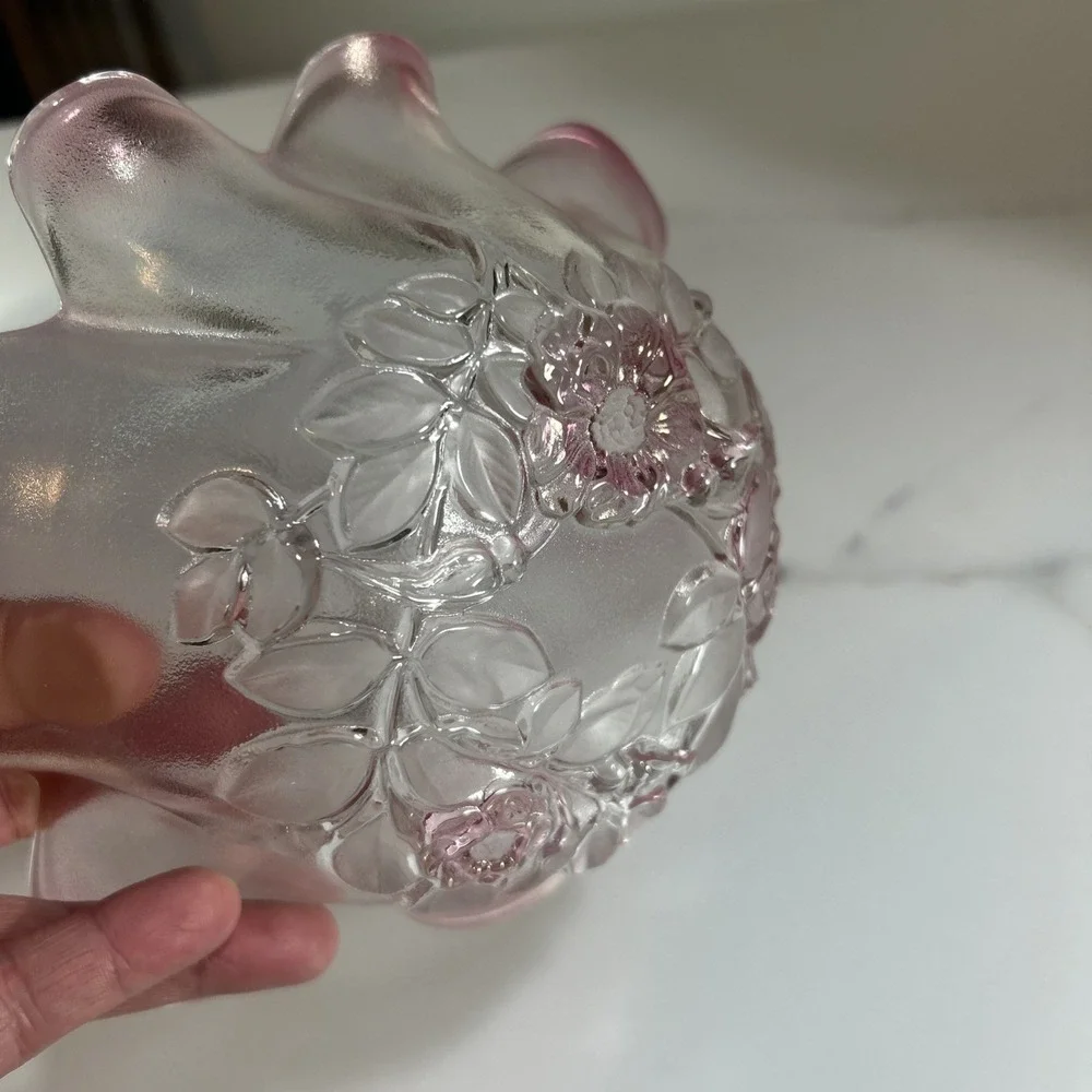 Vintage Mikasa Walther Rosella Ruffle Edge Flower Bowl Pink Clear Glass Dish 11